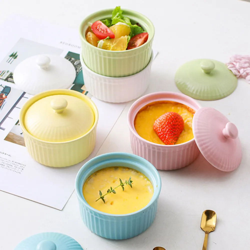

5Pcs Practical Souffl Bowls Ceramic Pudding Bowls with Lid (Assorted Color)