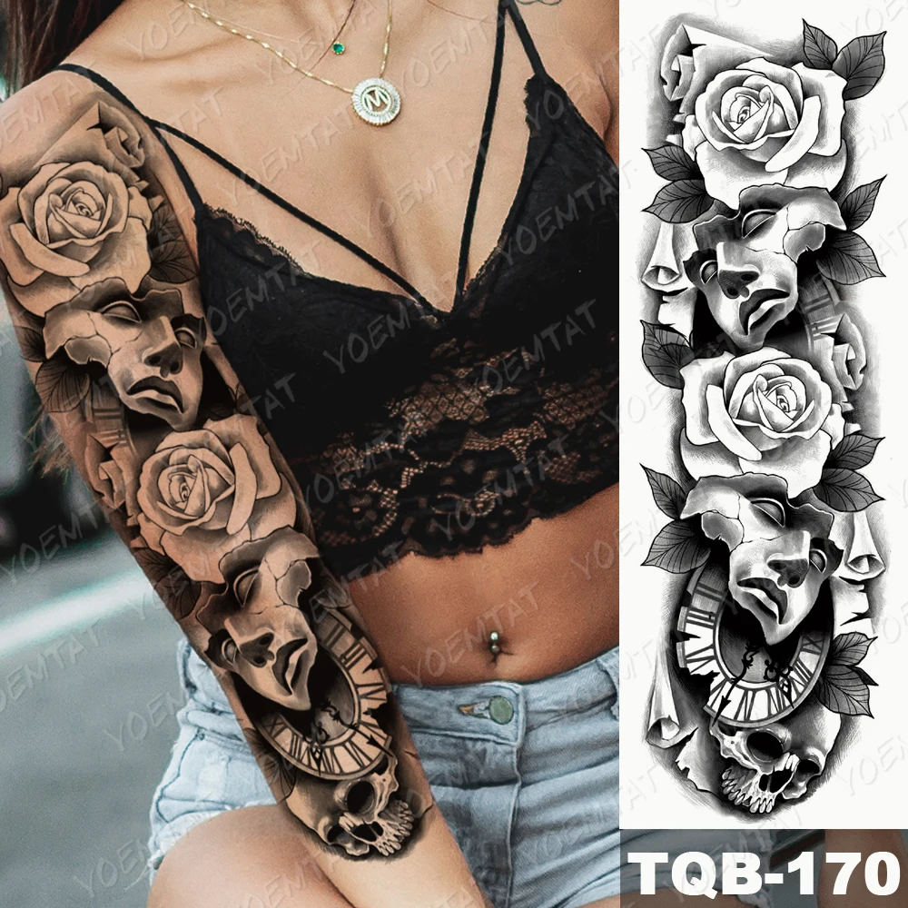 

Large Arm Sleeve Tattoo Mask Rose Poker Waterproof Temporary Tatto Sticker Lion Crown Body Art Full Fake Tatoo Women Men