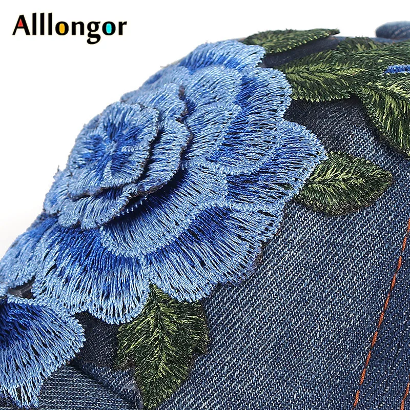 

2020 Summer Big Floral Embroidery Denim Baseball Cap Women Cotton Snapback Hat Hip Hop Hats casquette gorras mujer