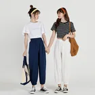 Брюки женские хлопково-льняные однотонные, повседневные стильные базовые свободные штаны-султанки в стиле ретро, с эластичным поясом, весна-лето