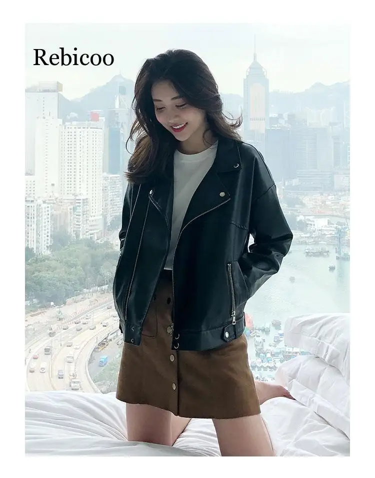

Leather women short paragraph spring and autumn pu leather jacket 2019 new Korean fashion loose student motorcycle leather jacke