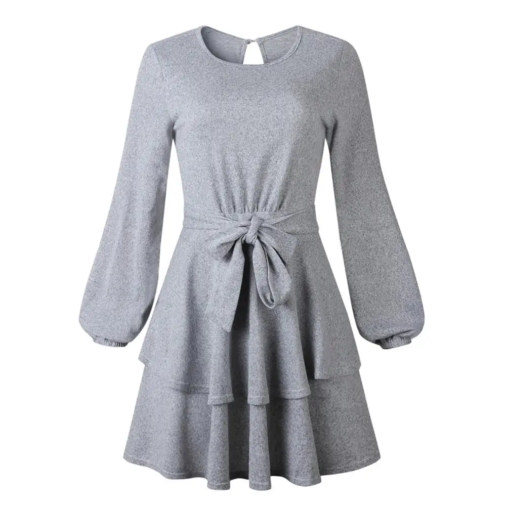 платье женское осень 2019 мода вязаное с длинными рукавами короткое оборками