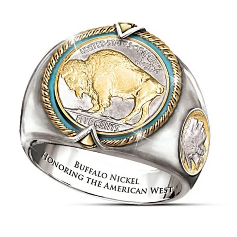 

Vintage Jewelry Men's Rings Commemorative Buffalo Buffalo Nickel Coin US West Cowboy Viking Pirate Bull Two-Tone Ring for Party