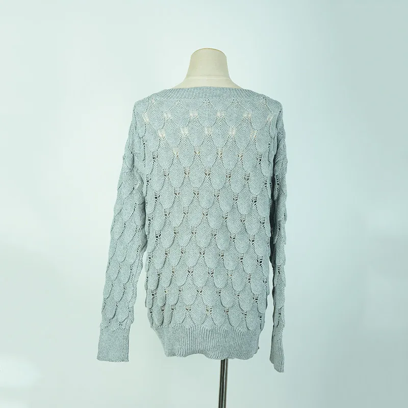 

Women Knitted Sweater, Autumn and Winter Hollow Out Feather Pattern Long Sleeve V-neck Pullover