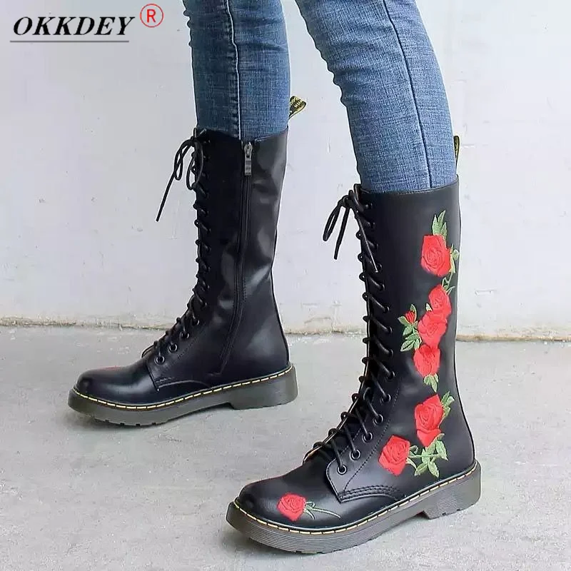 

Women's Knight Boots Women 2021 New British Style Embroidered High Tube Martin Boots Side Zipper Knee Boots Motorcycle Boots