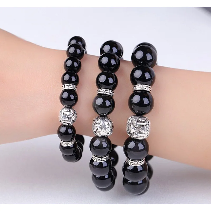 Браслет из натурального черного обсидиана с тибетским серебром|Плетеные