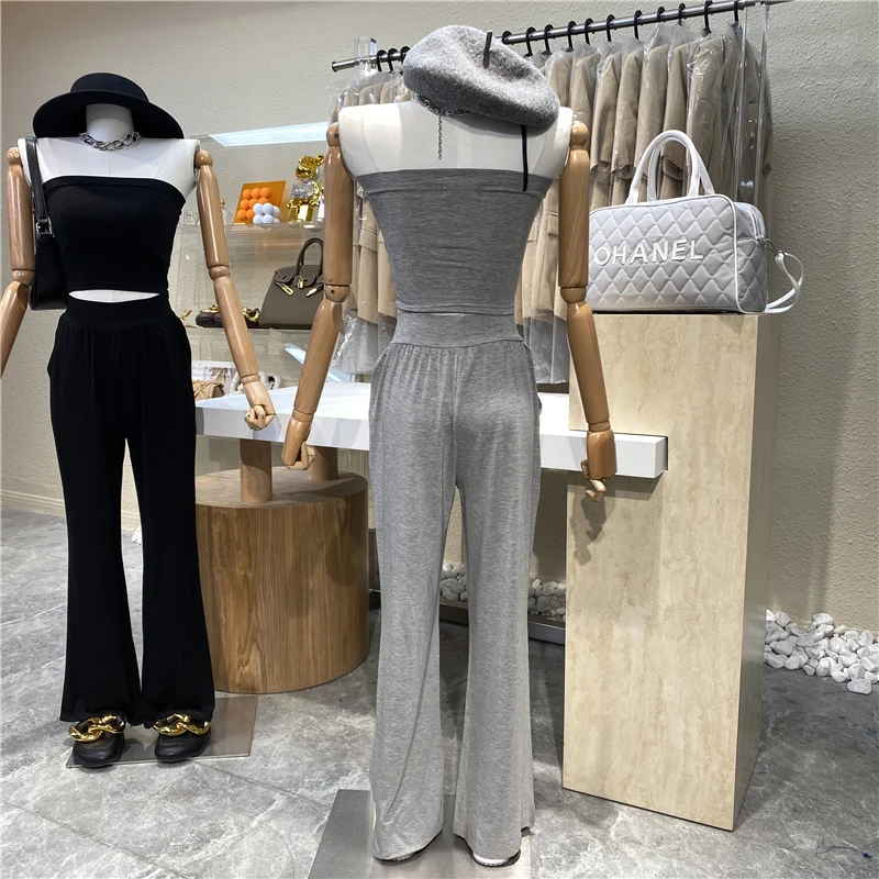 

Sweet and Spicy Style Suit Solid Color Short Tube Top Vest Ultra High Waist Loose Drooping Wide Leg Mop Pants Two Pieces Set