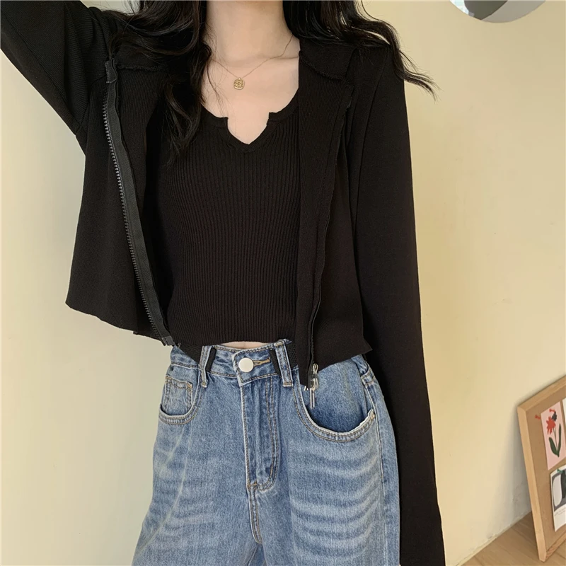 

GOOHOJIO 2020 New Chic Solide Color Cardigans Sweater Zipper Autumn Women Sweater Oversize V-neck Knit Cardigans Women Outwear