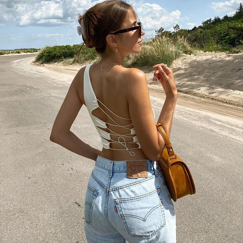 

Woman Backless Bandage Vest Sexy Summer Solid Color Slim Breathable Sleeveless One Word Collar Crop Tops High Street Tube Top