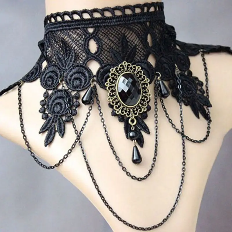 

Halloween Sexy Gothic Chokers Crystal Black Lace Neck Collares Choker Necklace Vintage Victorian Women Chocker Steampunk Jewelry