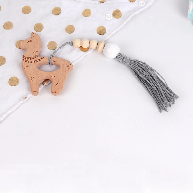 

Baby Beech Wooden Teether Rattle with Beads Tassel Infants Teething Soother Molar Sensory Toy Shower Gifts
