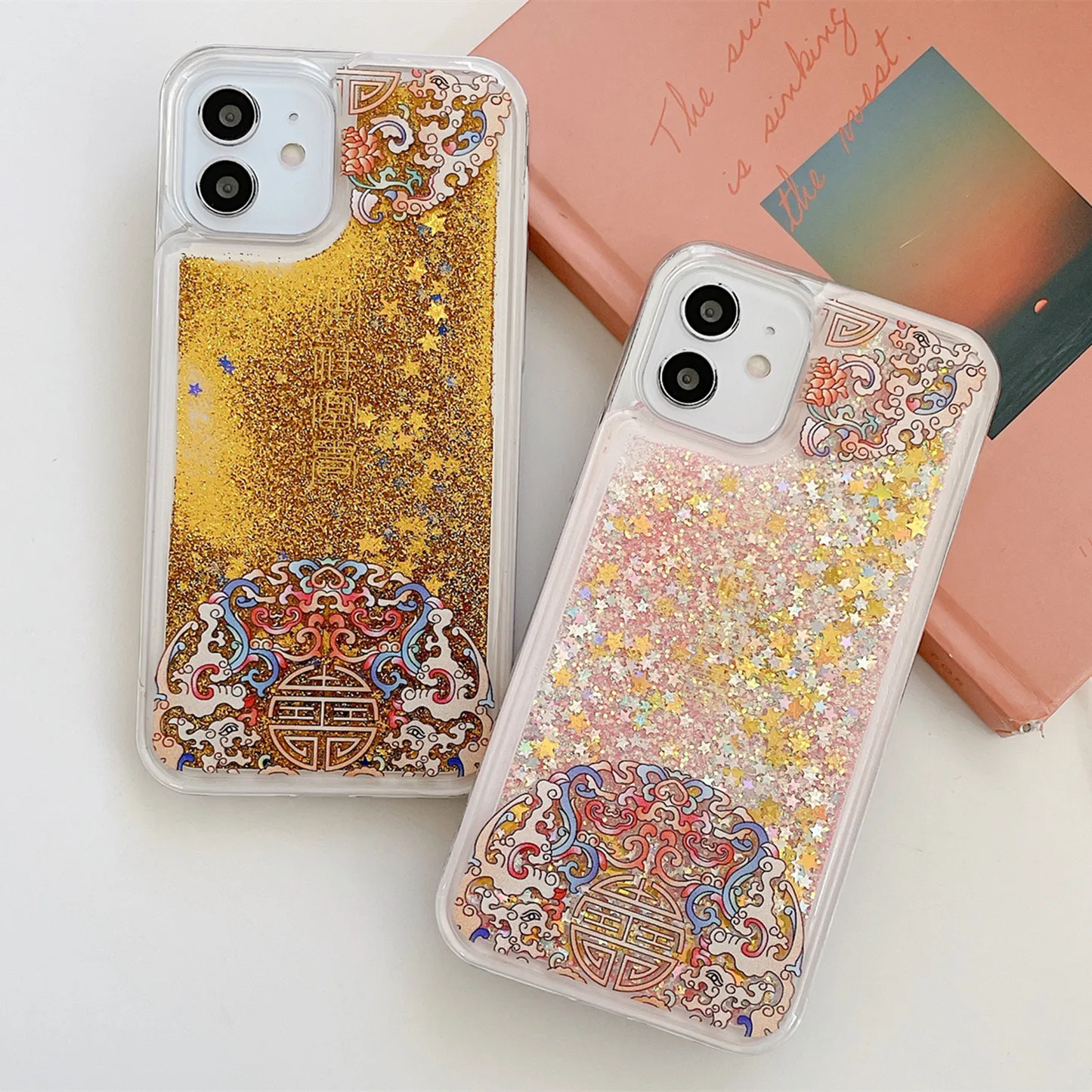 

Dynamic Liquid Quicksand Case for iPhone 13 Pro Max 12 Mini 11 XR XS 6 7 8 Plus SE 2020 Chinese Style Painted Glitter Back Cover
