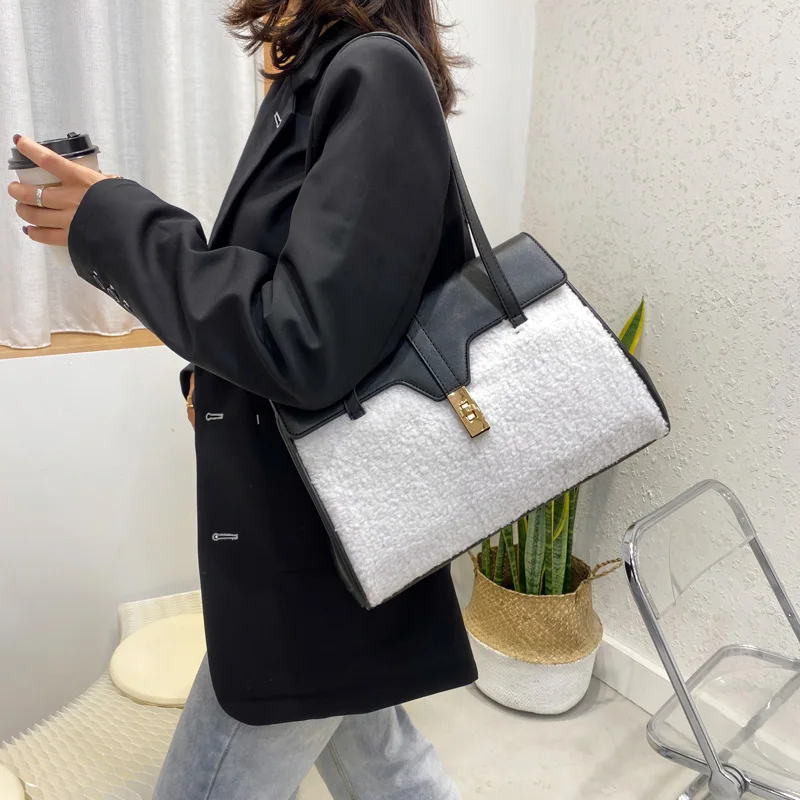 

Women Handbags Lady Famale High capacity Pu Leather Handbag Splicing Tote Shoulder Bags Casual Bag Fashion Plush For Girl