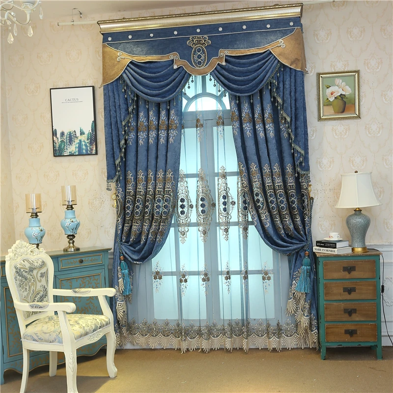 Роскошные синие шторы для гостиной высококачественные с вышивкой спальни