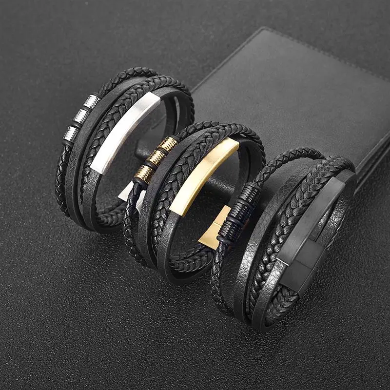 

Fashion Stainless Steel Charm Men Bracelet Magnetic Clasp Braided Mutilayer Leather Wrapping Punk Rock Bangles Jewelry New Year