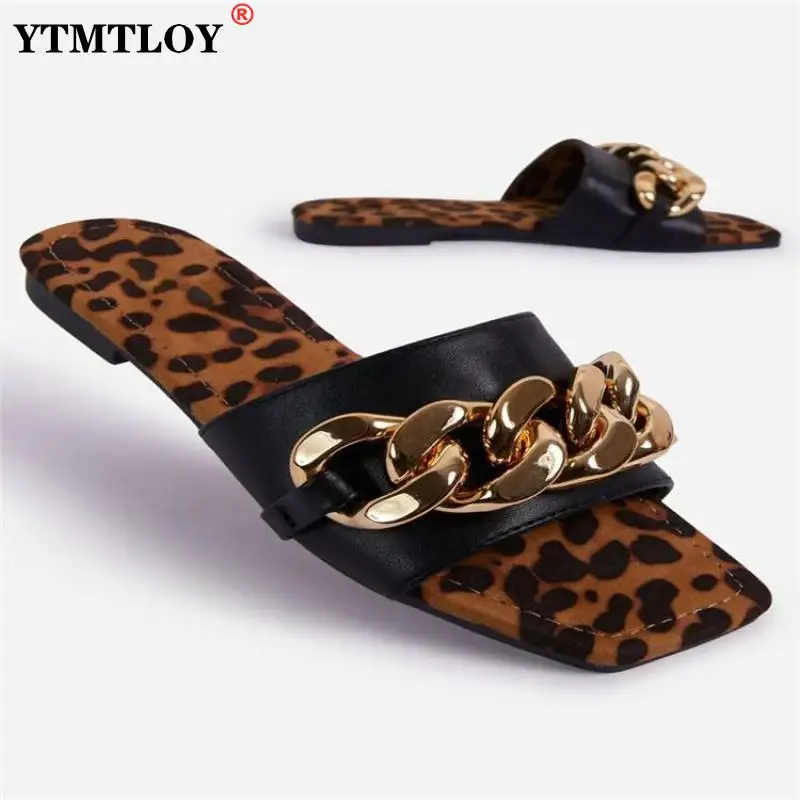 

New Brand Design Leopard Chain Women Slipper Closed Toe Slip On Shoes Round Toe Low Heels Casual Slides Flip Flop Sexy Summer