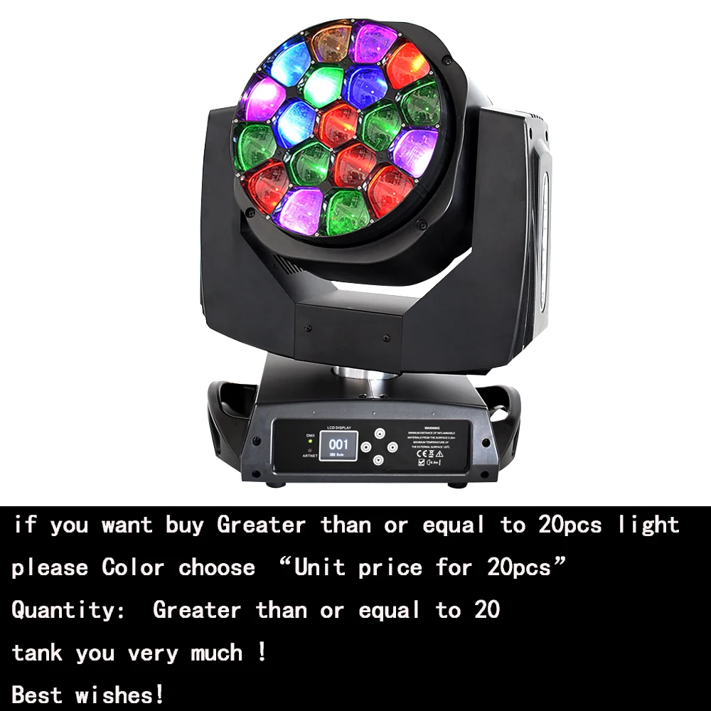 Unit price for 20pcs Лира луч led движущаяся голова большой пчелиные глаза высокий яркий 19x15 Вт rgbw quad 4в1 dmx мыть сценическое освещение для dj - Цвет: Unit price for 20pcs