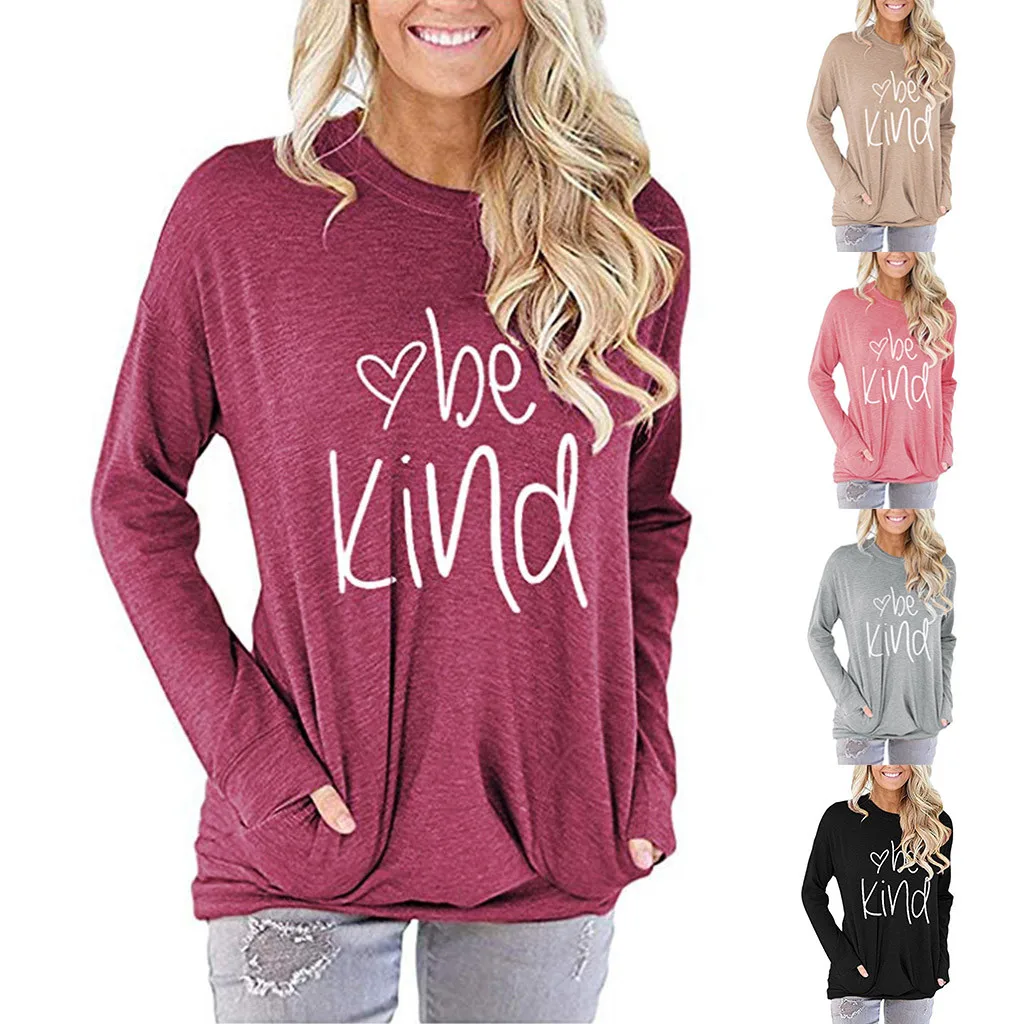 Женские футболки Be kind повседневные с длинным рукавом и круглым вырезом
