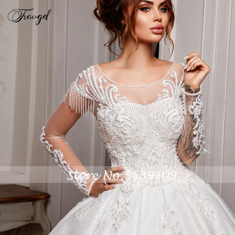 Traugel Scoop Ball Gown Satin Wedding Dresses Luxury Applique Beading Long Sleeve Bride Dress Chapel Train Bridal Gown Plus Size