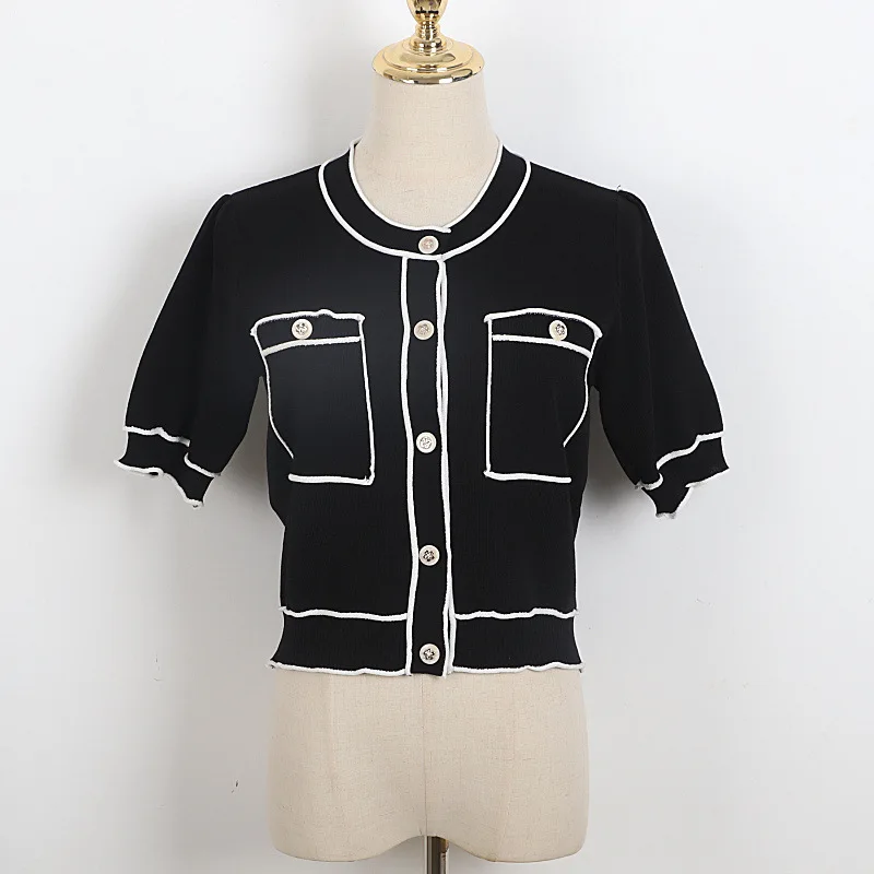 

She Beaty Sweater Cardigans Women O-Neck Single Breasted Short Sleeve Elegant Blue Black Knitted Tops Traf Clothes Pull Femme In