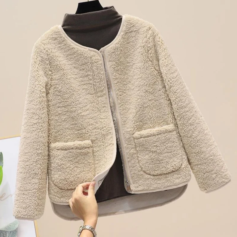 

round neck faux lamb fur coat women loose fur one autumn and winter tide casual solid with pockets warm