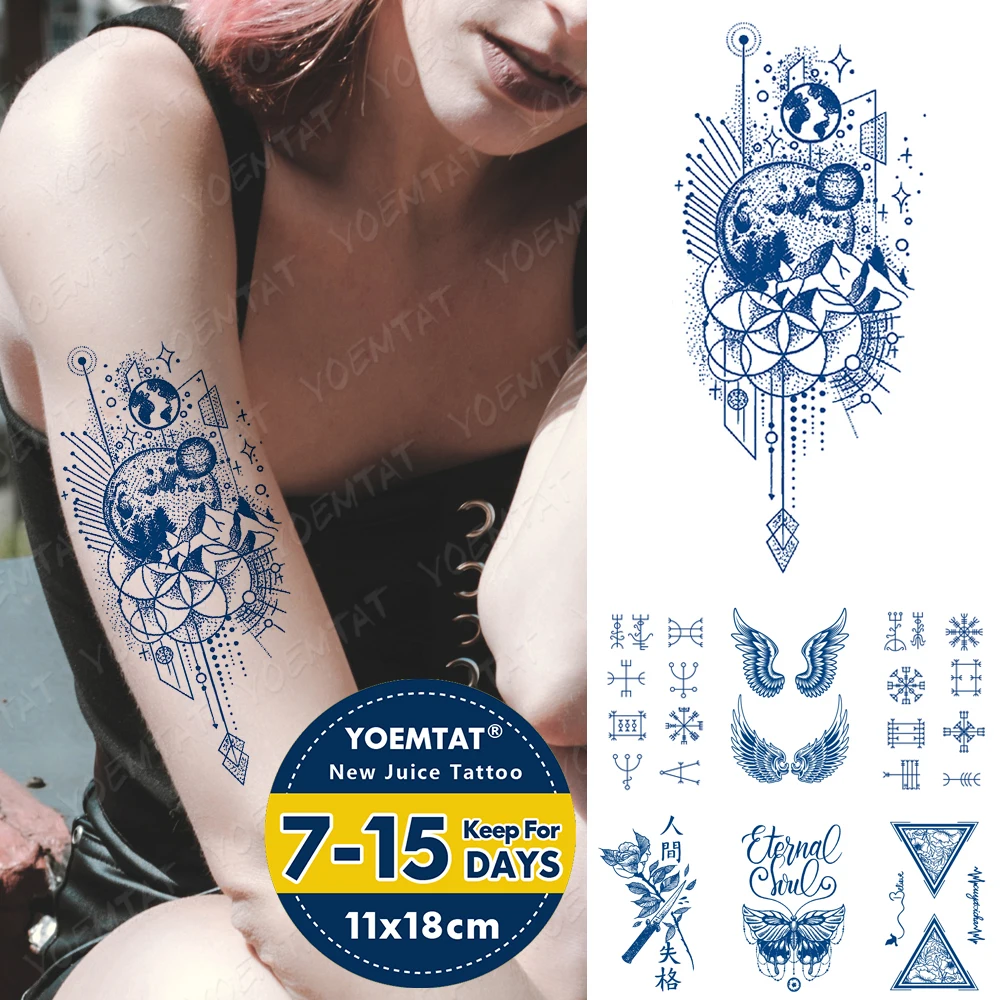 

Juice Ink Tattoos Body Art Lasting Waterproof Temporary Tattoo Sticker Universe Planet Star Tatoo Arm Fake Wing Moth Tatto Women