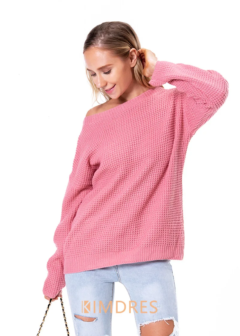 

2021 women's autumn and winter new solid color loose diagonal collar jacket long sleeve knit sweater crop pullover sweater