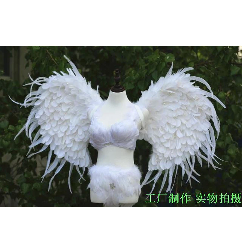 

sexy handmade white ANGEL wings with Bright diamond feather bra shorts cosplay costume Pure women Dance Wedding Party nice