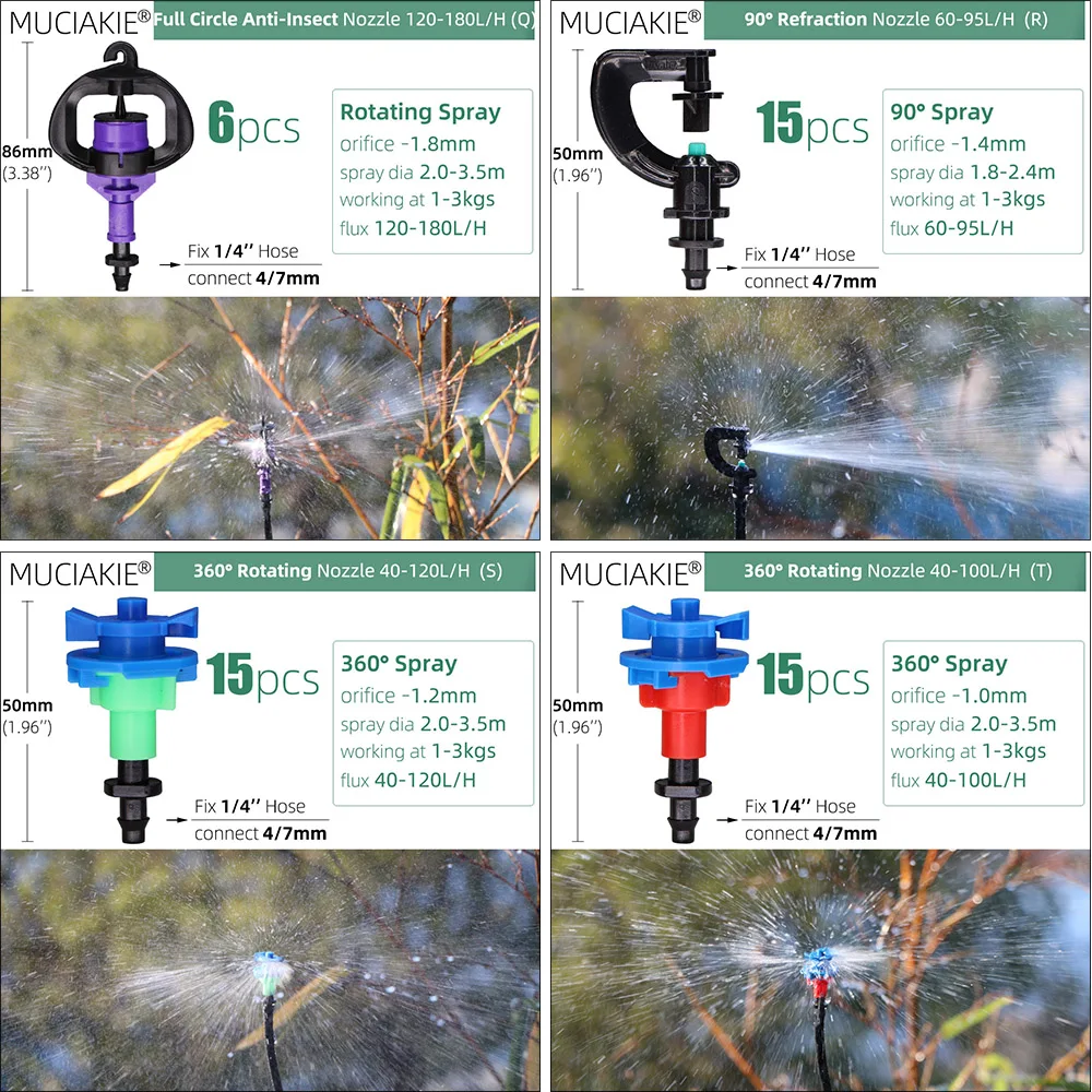 MUCIAKIE 24 Kinds of Garden Sprinklers Nozzles with 1/4'' Barb Joint 90 180 360 Refraction Roatory Irrigation Hanging Spray Head images - 6