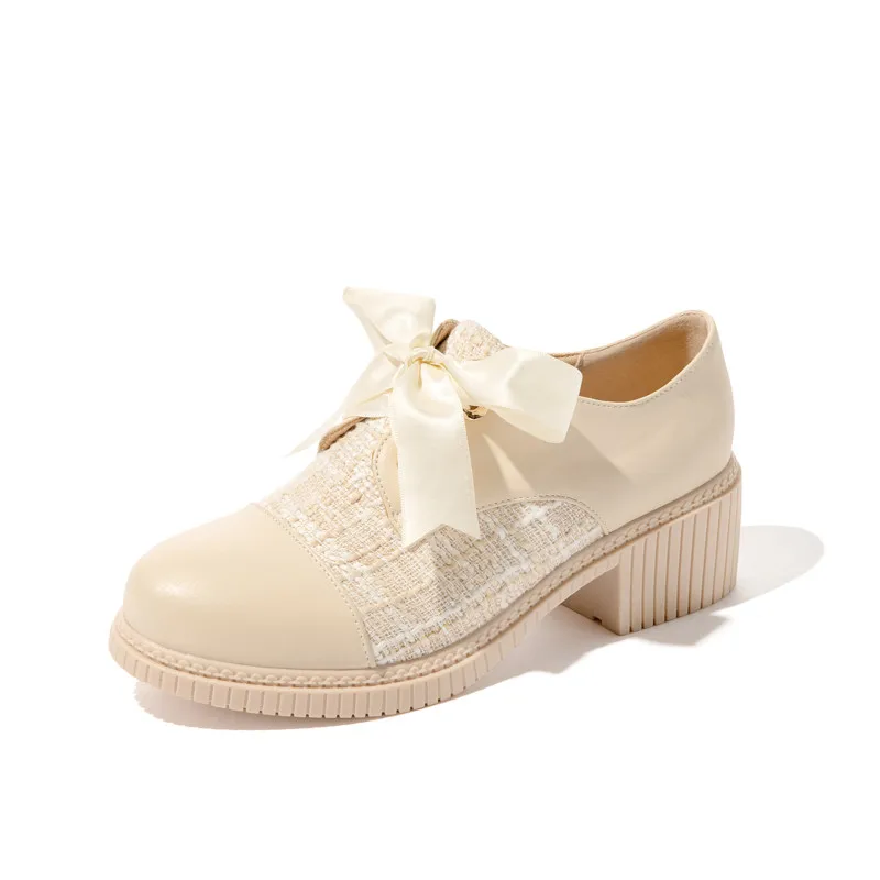 

Casual Platform Kawaii Leather Women's Shoes 2021 Spring New Bowknot Chunky Shoes Fashion Slip-On Free Shipping High Heels Black