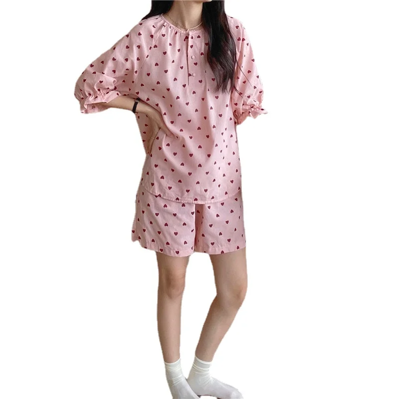 Pajama Women's 2021 Summer New Korean Cotton Little Love Cute Pullover Suit Leisure Home Clothes Female Sleepwear Lady Nightwear