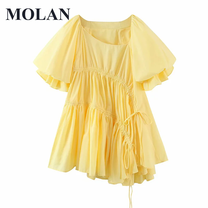 MOLAN Yellow Woman Fashion Dress Vintage O Neck Puff Short Sleeve Sexy Pleated Solid Casual Sexy Party Dress Female Court Dress