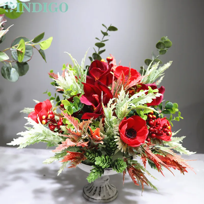 Индиго дизайн-1 Набор DIY подарок Красный анемон Cymbidium Рождество Цветочная композиция бонсай букет стол центральный