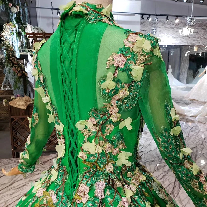 

BGW 3424ht Green Evening Long Dresses With Veil High Neck Long Sleeves Lace Up Muslim Formal Prom Dress Ball Gown Robe De Soiree