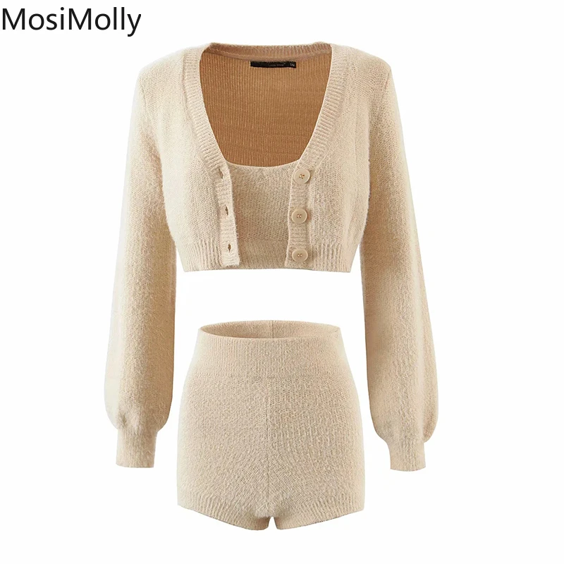 

Women Sweater Sets 3 pcs Sweater Sets Women Cardigan Tank Shorts Sets Loungewear Jumper Knitting Women Sets