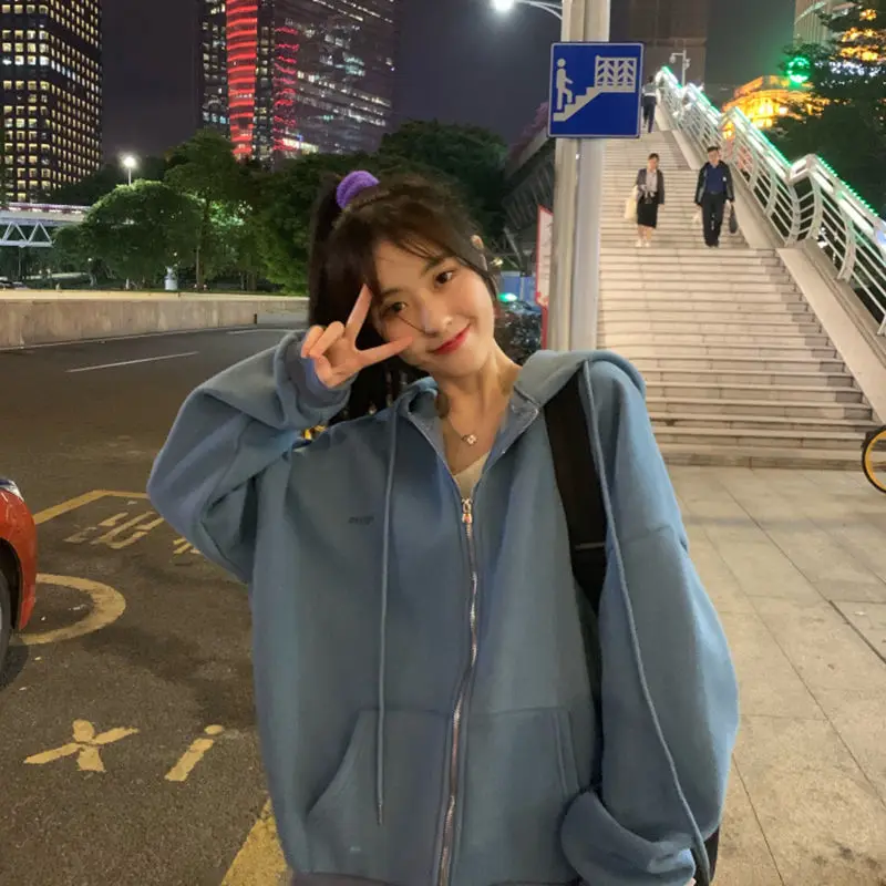 

Sports hooded sweater women's cardigan zipper Korean loose autumn and winter 2021 new thick baseball uniform jacket female