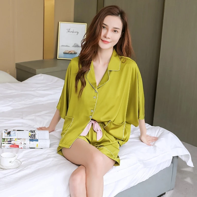 

Half Sleeve Women's Silk Pajama Set Loose 2 Pcs with Shorts Ladies Pyjama Suit Solid Satin Summer Thin Home Clothes Sleepwear