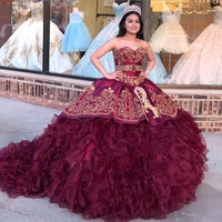 2022 gorgeous burgundy quinceanera dresses for sweet 16 year ball gown ruffles tiered golden appliques formal debutante gowns