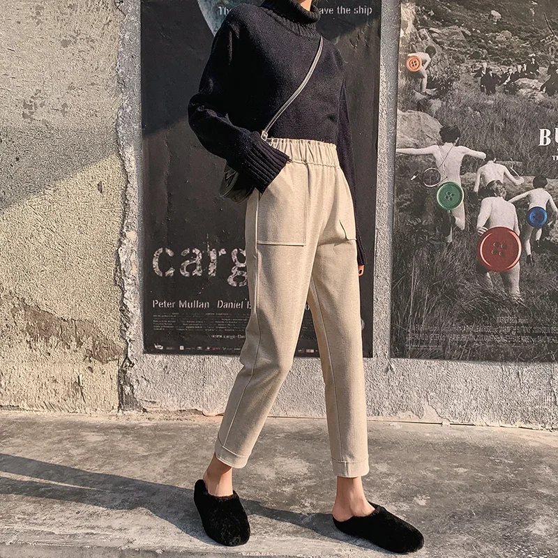 Женские шерстяные шаровары REALEFT повседневные брюки с карманами и высокой талией