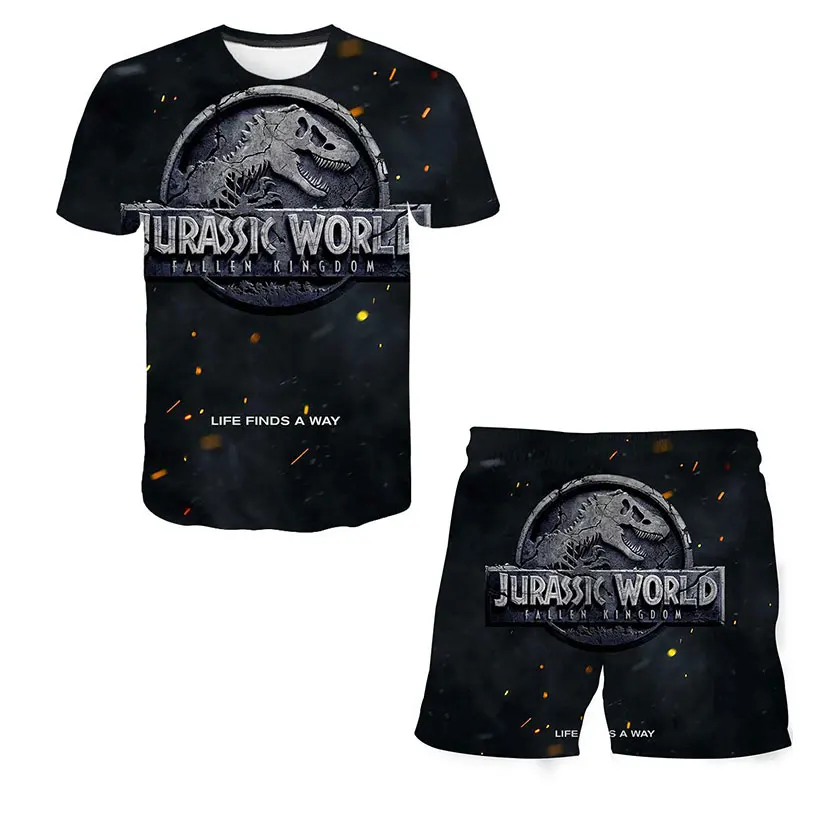 

4-12 Year Old Children's Shirt Pants Baby Boy Clothes 2-pack O-neck T-shirt Top-shorts Oversized Dinosaur Clothing Set For Boys