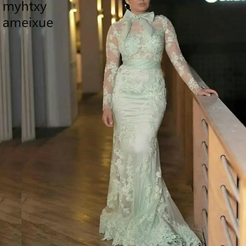 

New High Neck Light Green Custom Evening Dress 2021 Kaftan Dubai Long Sleeve Mermaid Party Gowns Abiye Gece Elbisesi Plus Size