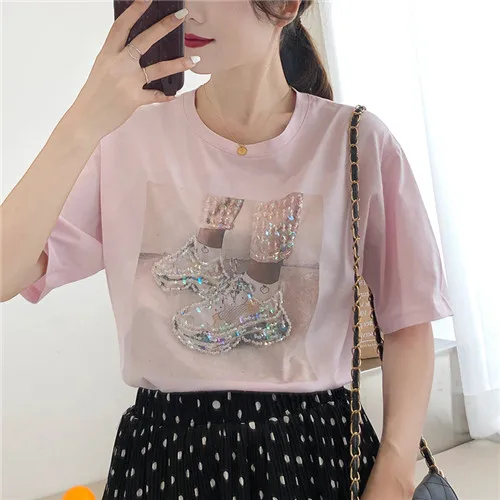 pink Летняя женская футболка с коротким рукавом, обувь с бисером, хлопковая футболка, топы - Цвет: pink