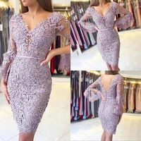new lavender purple prom dress mermaid v neck illusion lace applique long sleeve knee length wedding banquet guest evening gowns