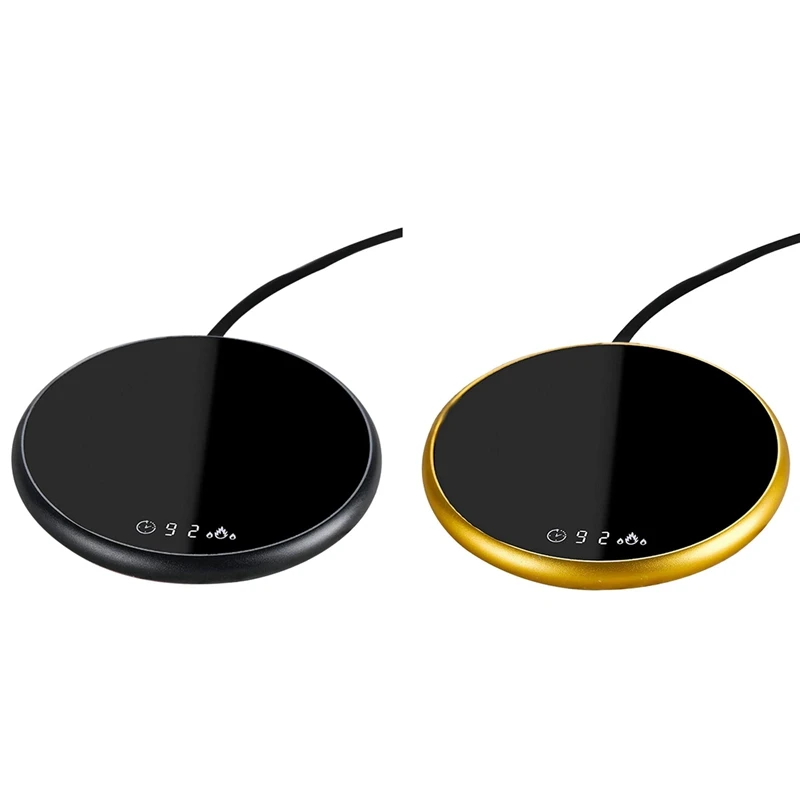 

2 Pcs Mini Smart Thermostatic Heating Coaster With Timing, Electric Heated Mug Mat Heat Warmer Heater,Black & Gold