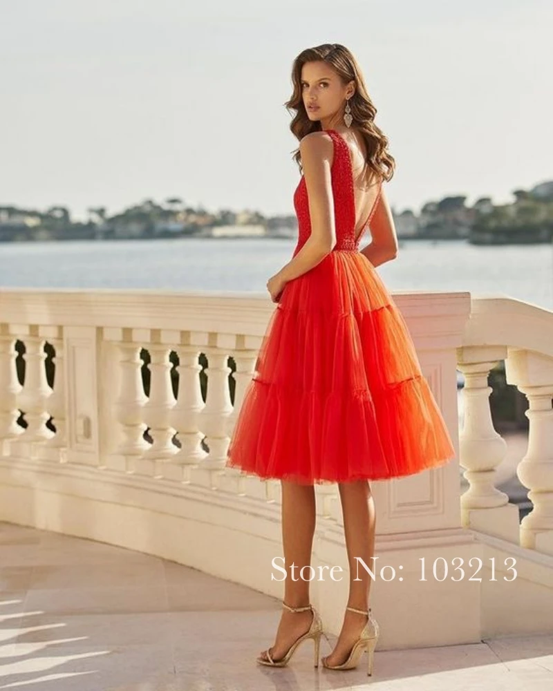 Женское вечернее платье до колен красное Тюлевое трапециевидной формы с