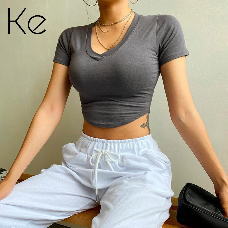 Летняя Новинка 2021 Однотонная футболка KE женский топ с коротким асимметричным