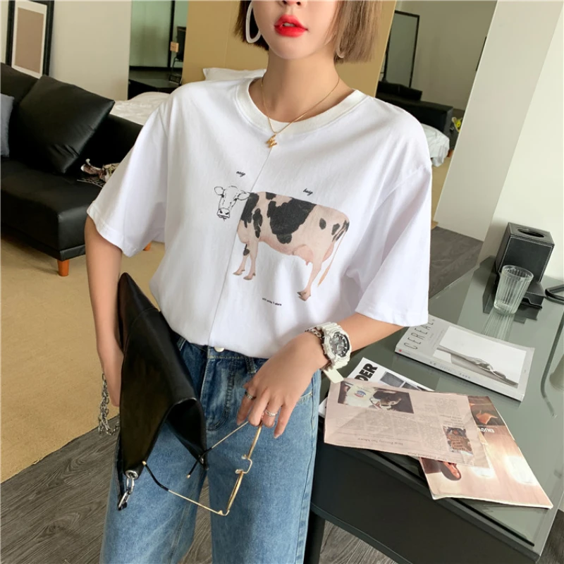 

Kimotimo Woman T-shirts Korean Chic Summer Print O Neck Short Sleeve Loose Casual Basic Tops 2021 Fashion All-match Graphic Tees