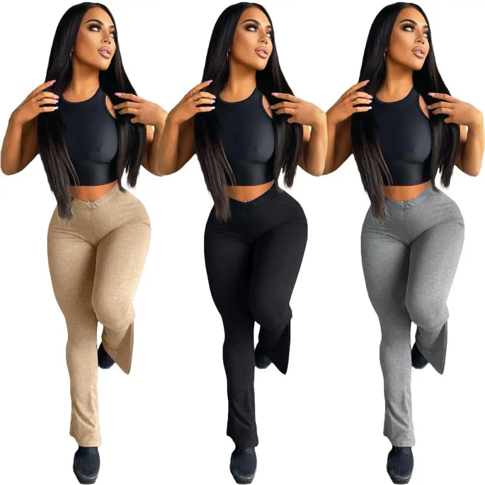 

Однотонные хлопковые длинные брюки для женщин, соблазнительные облегающие брюки-клеш с Боковым Разрезом, повседневные эластичные трениров...