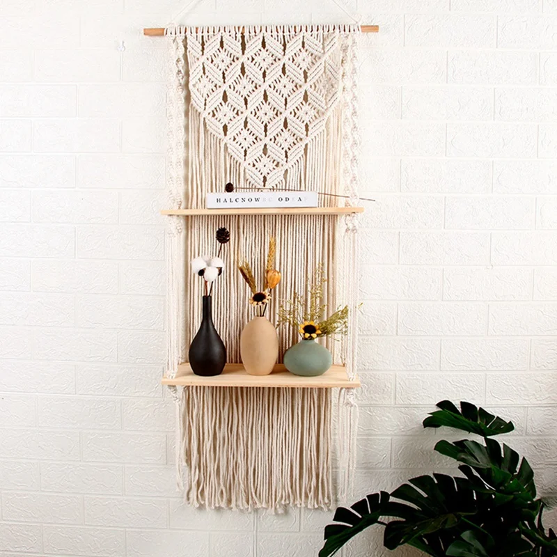 

Boho Woven Wood Shelf Tapestry Cotton Rope Wall Floating Shelf Exquisite Workmanship Minimalist and Durable Tapestry