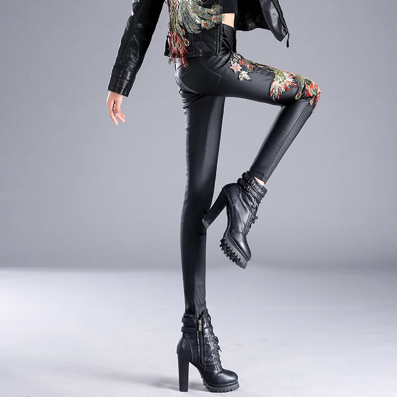 

women Black imitation leather pants fashion Embroidery Phoenix Trousers Ladies High Waist skninny Pencil Pants